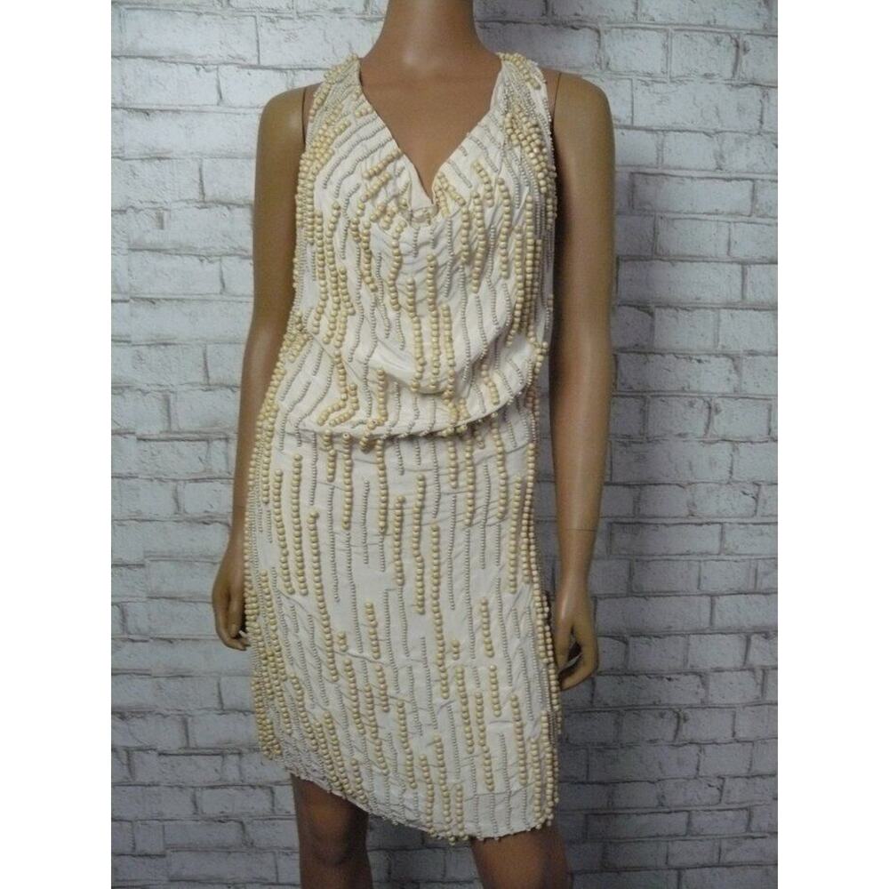 Sheri Bodell Wooden Beaded Cowl Neck 100% Silk Sheath Dress Small NEW